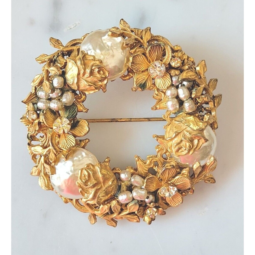 Miriam Haskell Baroque Pearl Rhinestone Floral Cluster Brooch Vintage Signed Pin